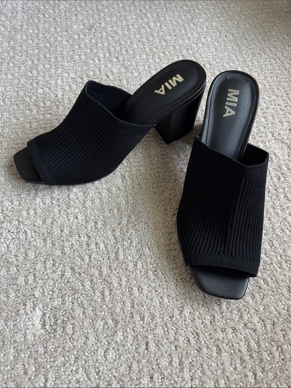 MIA Black Knit Open-Toe Block Heel Mules